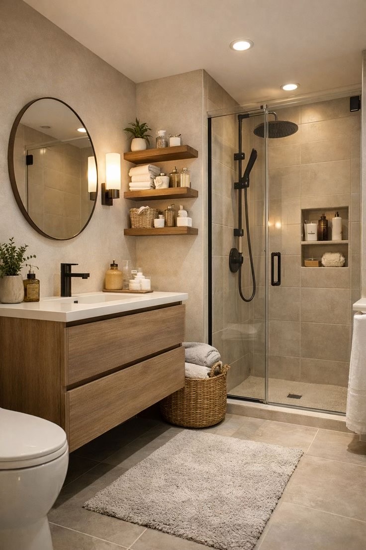 Warm neutral bathroom with wood vanity and walk in glass shower